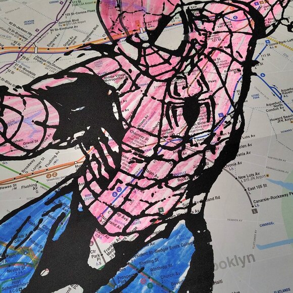 Handmade Other - 🗽Handpainted Spiderman Acrylic Pop Art Painting on NYC Subway map 🗽